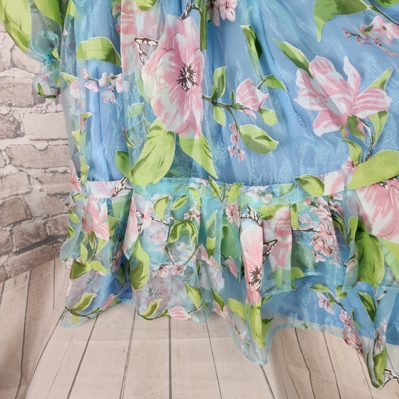 Handmade OOAK Floral Iridescent Ruffle Midi Dress Sheer Sleeve Coquette XS - Picture 10 of 16